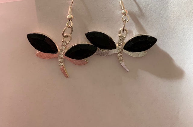 Black Gemstone Dragonfly Earrings