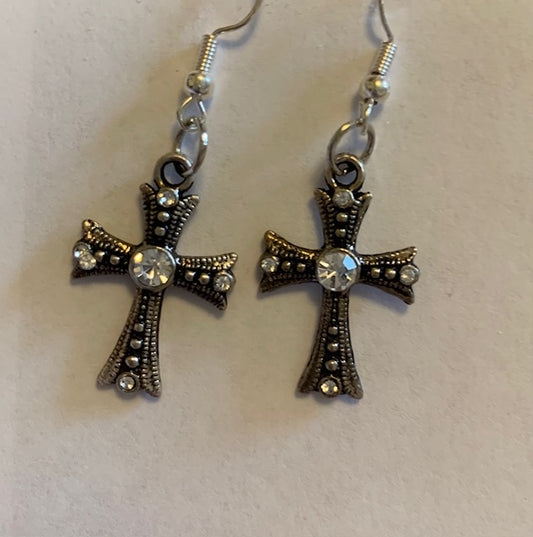 Silver Cross Earrings with Crystal Stone Accents