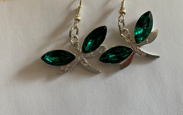 Dark Green Gemstone Dragonfly Earrings